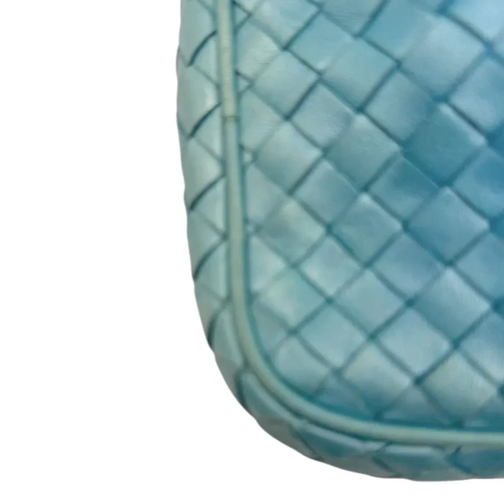 Auth Bottega Veneta Metallic Blue Intreciatto Camera Crossbody Shoulder Bag